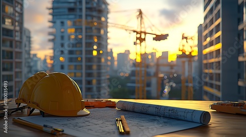 A constraction site with cranes and buildings. Blueprints and construction helmet in the foreground. 