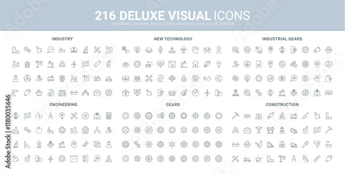 Manufacturing and construction industry, engineering idea and AI support line icon set. Simple cogwheel and gear types, industrial machinery, transport thin black outline symbol vector illustration