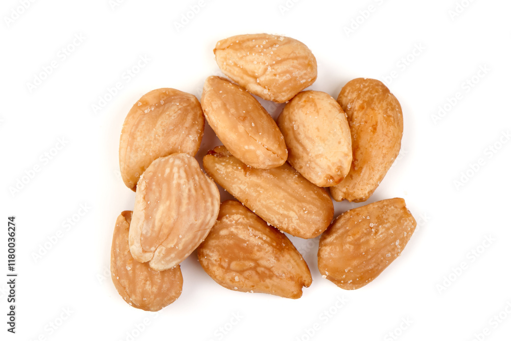 Blanched roasted almond nuts, isolated on white background. Blanched roasted almond nuts, isolated on white background.