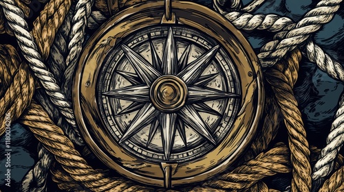 Vintage Nautical Compass Graphic with Intricate Rope Design