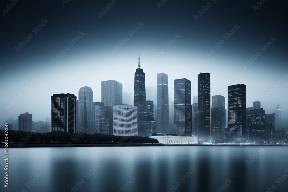 Fototapeta premium arafed view of a city skyline with a lake in front of it