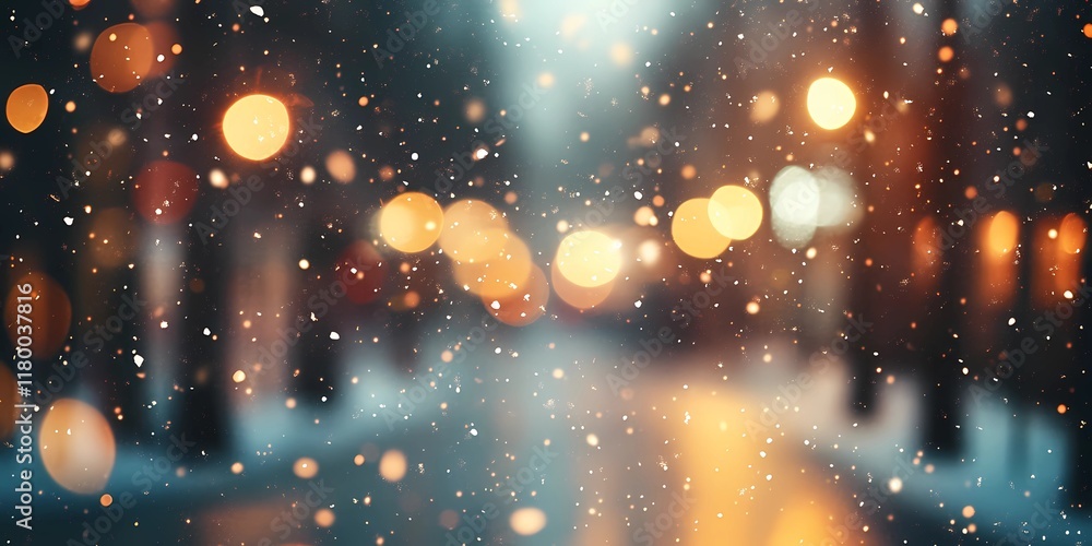 Fototapeta premium Softly blurred lights in a snowy cityscape creating a serene winter scene with glowing festive tones, style book illustration