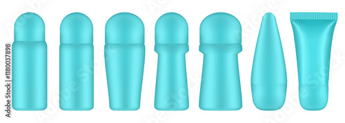 Set of light blue roller ball bottles. Body antiperspirant deodorant roll-on, closed blank bottles with screw cap. Realistic vector mockup