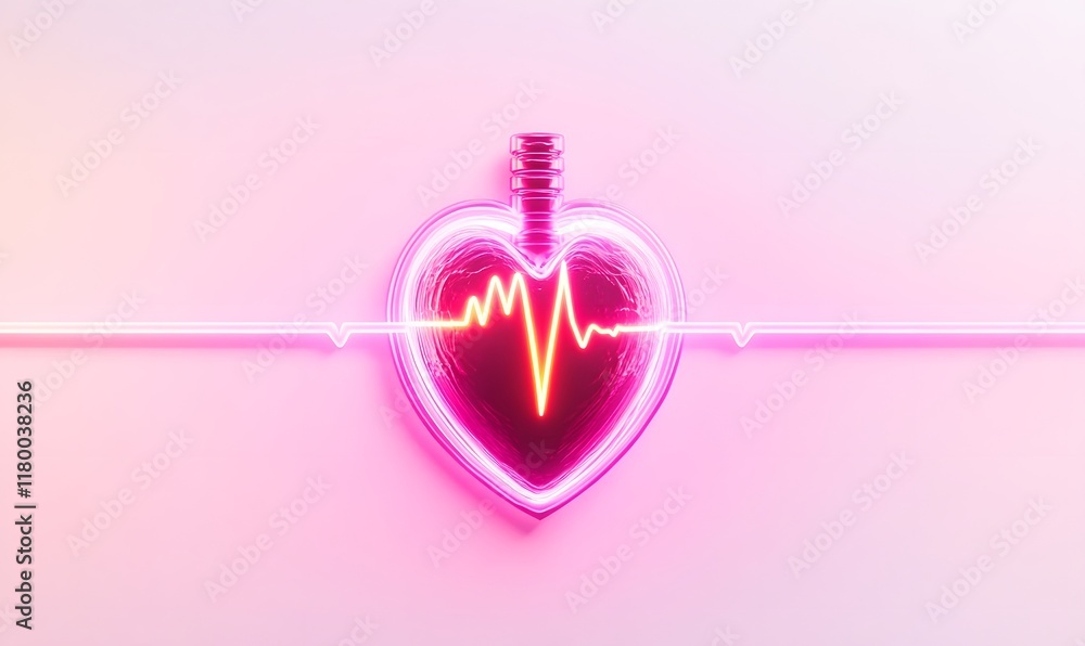 Heart-shaped bottle with neon heartbeat. Heart-shaped bottle with neon heartbeat.
