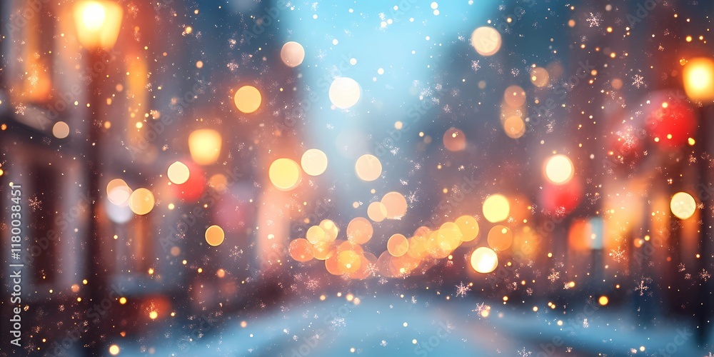 Naklejka premium Softly blurred lights in a snowy cityscape creating a serene winter scene with glowing festive tones, style book illustration