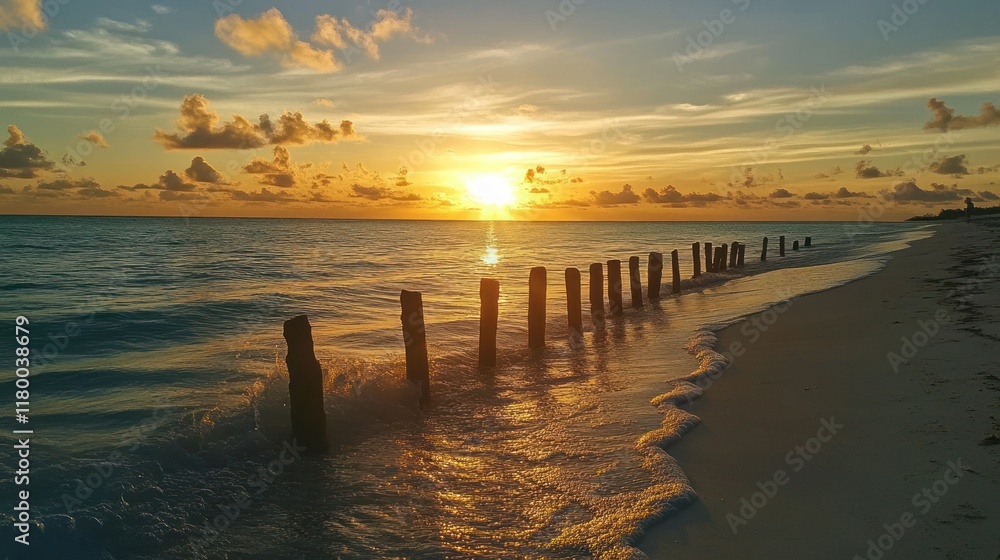 Tropical sunset beach, ocean waves, wooden posts, peaceful scene, travel postcard Tropical sunset beach, ocean waves, wooden posts, peaceful scene, travel postcard