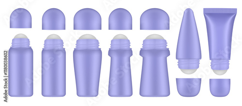 Set of purple roller ball bottles. Body antiperspirant deodorant roll-on, open blank bottles with screw cap. Realistic vector mockup. Roller Applicator	
