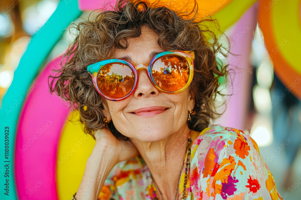 A woman with curly hair and vibrant sunglasses smiles brightly, showcasing her joyful spirit in a colorful outdoor setting A woman with curly hair and vibrant sunglasses smiles brightly, showcasing her joyful spirit in a colorful outdoor setting