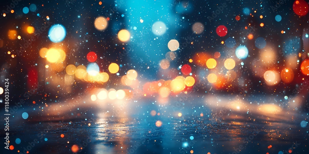 Naklejka premium Softly blurred lights in a snowy cityscape creating a serene winter scene with glowing festive tones, style book illustration