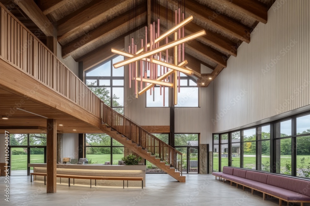 Obraz premium Contemporary art museum gallery showcasing an open space with a blank white canvas, set in a loft-style concrete-floored area with light spots and generic design elements