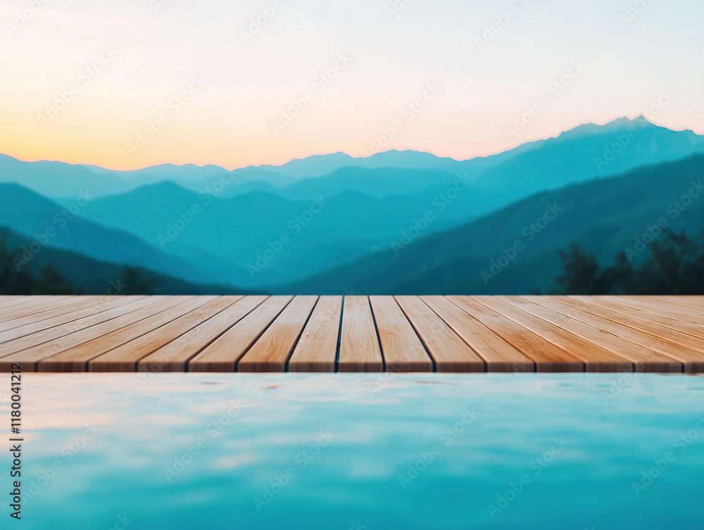 Obraz premium Serene sunset by tranquil pool overlooking mountains at dusk, evoking calmness