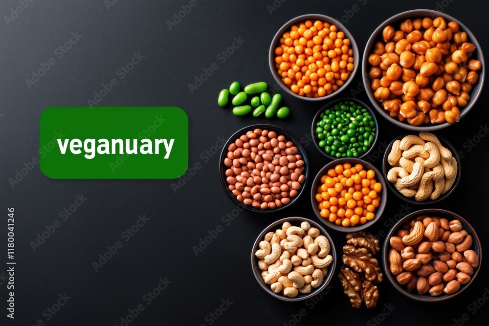 Fototapeta premium Colorful variety of nuts and legumes displayed in bowls with veganuary label on dark background