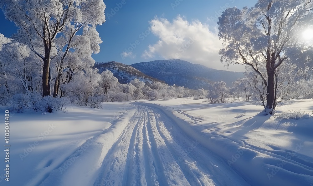 Rugged Snowy Outback Trail Cutting Through a Majestic Winter Landscape Rugged Snowy Outback Trail Cutting Through a Majestic Winter Landscape