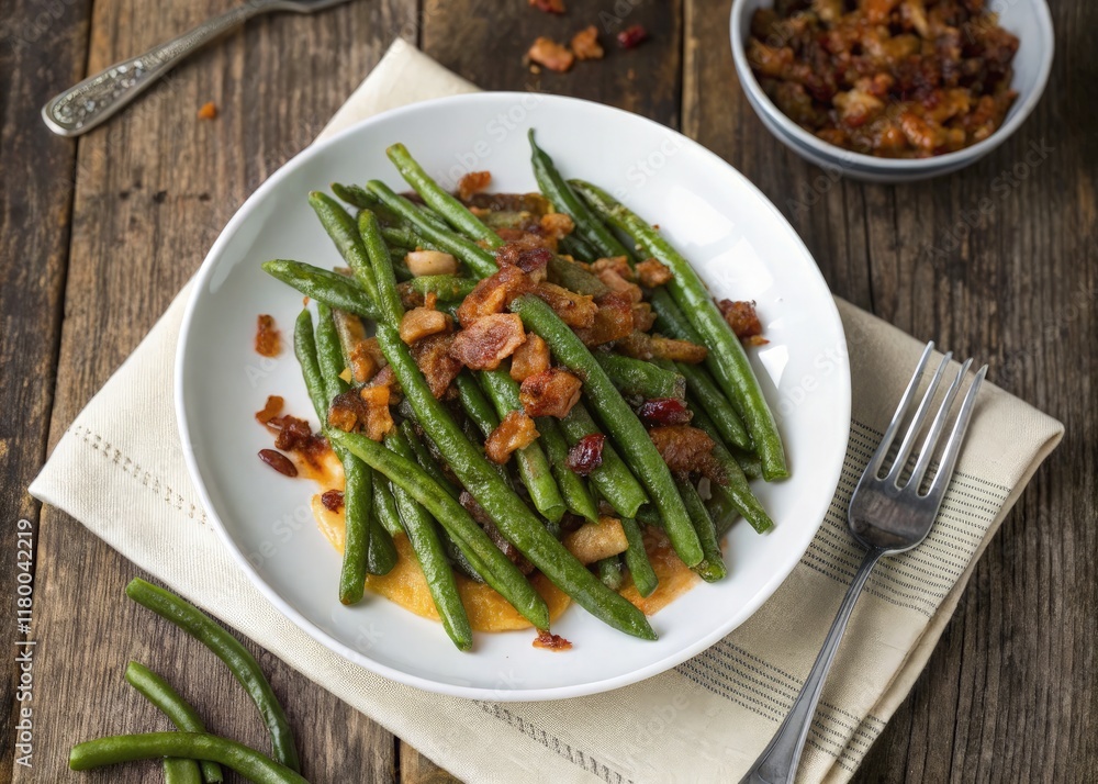 Elegant Green Beans With Crispy Bacon and Caramelized Onions. Generative AI Elegant Green Beans With Crispy Bacon and Caramelized Onions. Generative AI