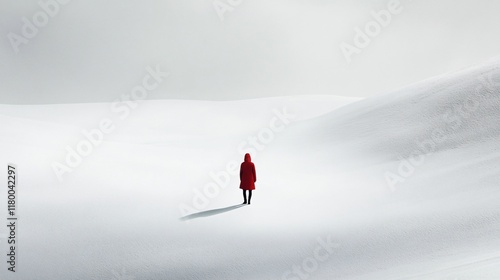 Person in a red coat is walking across a snowy field. The scene is quiet and peaceful, with the only sound being the person's footsteps in the snow. The red coat stands out against the white snow