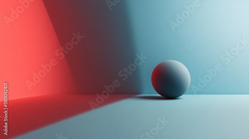 Blue and red background with a round ball in the center. The scene has a calm and serene mood