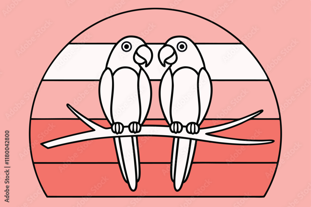 Parrot Couple on Branch in Black and White Vector Illustration Parrot Couple on Branch in Black and White Vector Illustration