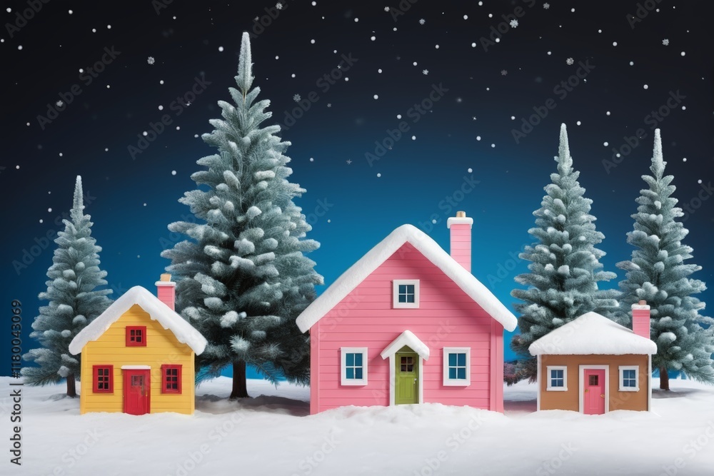 there are three houses in the snow with trees in the background there are three houses in the snow with trees in the background