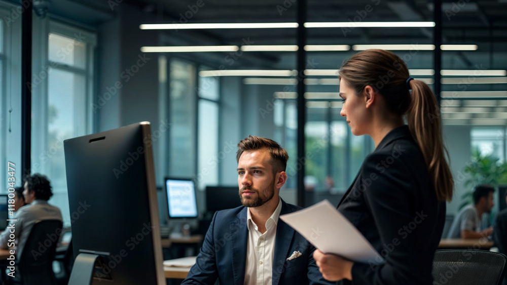 In a high-tech office, a female manager assigns a task to a man at his computer. The office environment fosters teamwork and communication. Both focus on their business tasks. In a high-tech office, a female manager assigns a task to a man at his computer. The office environment fosters teamwork and communication. Both focus on their business tasks.