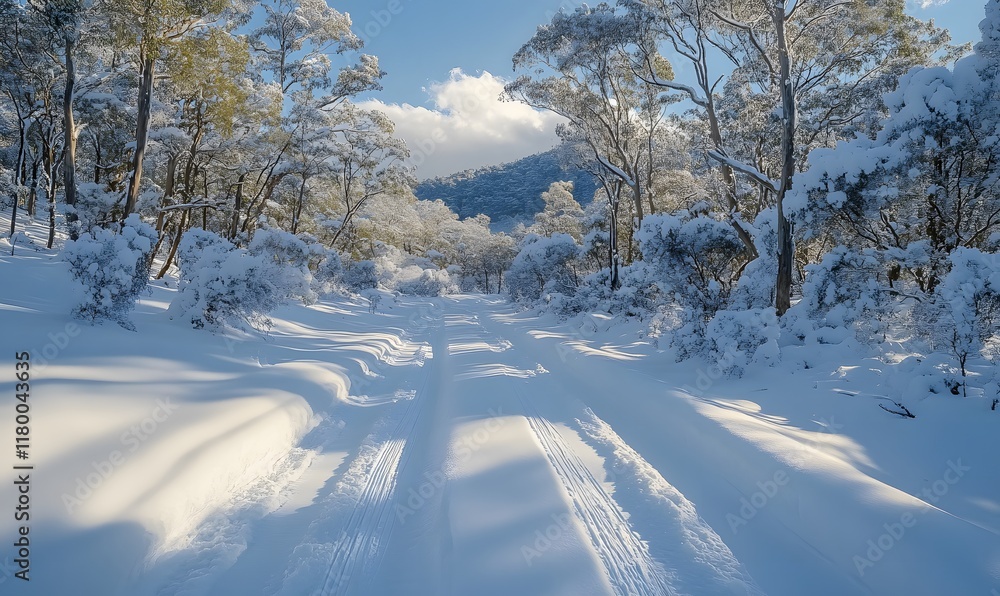 Obraz premium Pristine Snowy Trail in the Outback Surrounded by Frost-Laden Trees