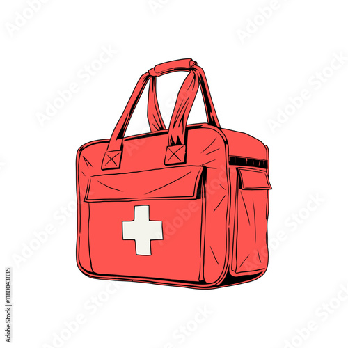 red first aid kit bags in different angles isolated white background, portable medicine canvas pouch with closed zipper for medical care in case of an emergency