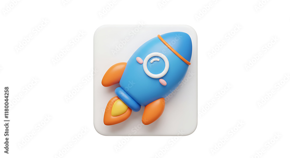 Fototapeta premium 3D Cartoon Rocket Icon: Blue & Orange Gradient, Isometric Design for Social Media