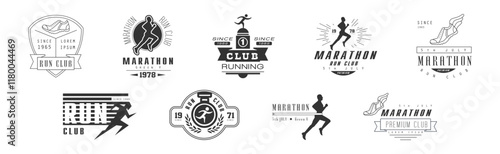 Marathon and Run Club Logo and Monochrome Label Vector Set