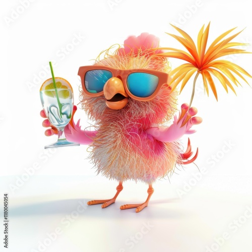 A 3D flamingo’s beaming smile complements the colorful cocktail it holds, reflecting a fun and lively mood in this vibrant scene.