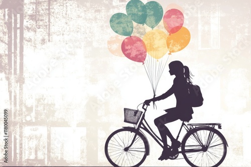 Wallpaper Mural A fine art illustration of a cheerful girl in a white dress riding a bicycle with multi-colored balloons floating across the sky Torontodigital.ca