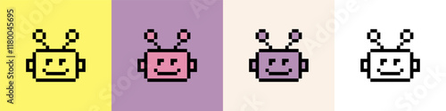 Cute bot pixel art icon line. Robot head horizontal seamless pattern. Chatbot 8 bit emoji. Vintage retro sticker. Editable pixel vector illustration. Game abstract element. Y2k geometric shape