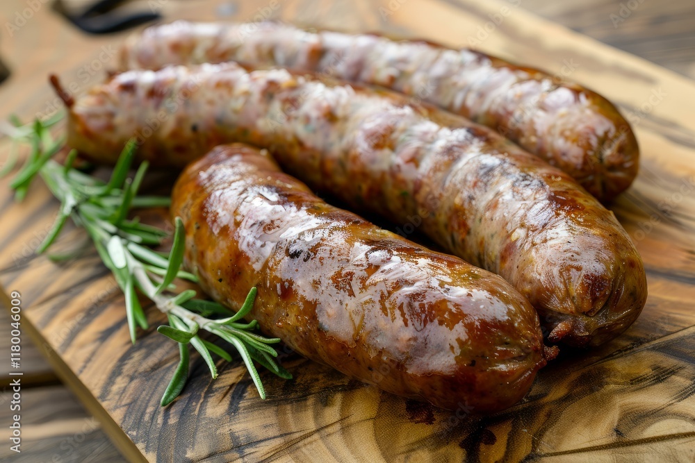 Juicy grilled sausages seasoned with rosemary lying on a wooden cutting board Juicy grilled sausages seasoned with rosemary lying on a wooden cutting board