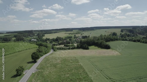 Raw file of Aerial view of ex Sudeten village Vendoli on historical border Moravia and Czechia in June 2022