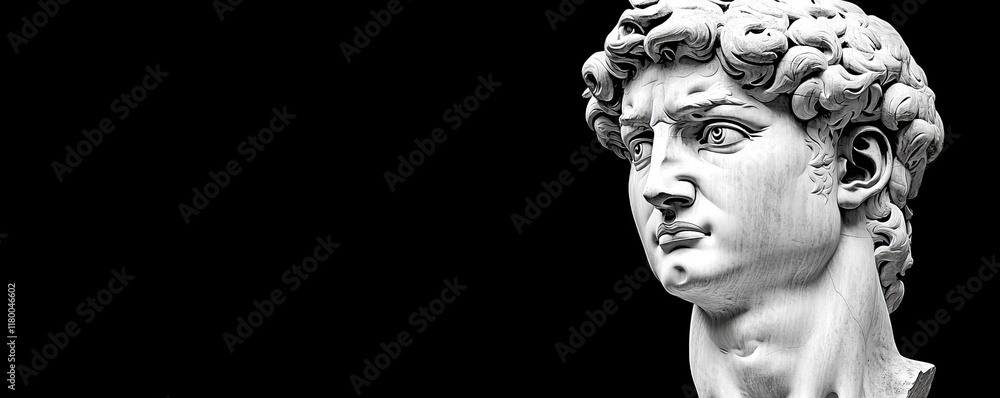 In a dark background, a white plaster bust portrait sculpture is depicted with copyspace, capturing the head view. The head and shoulders of an ancient stone classical statue are detailed up close, In a dark background, a white plaster bust portrait sculpture is depicted with copyspace, capturing the head view. The head and shoulders of an ancient stone classical statue are detailed up close,