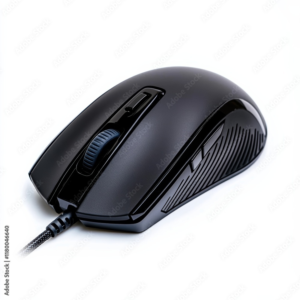 Wired gaming mouse with ergonomic grip and adjustable DPI button isolated on a white background Wired gaming mouse with ergonomic grip and adjustable DPI button isolated on a white background