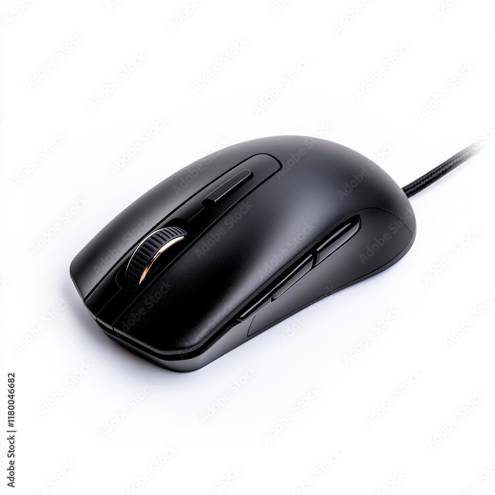 Wired gaming mouse with ergonomic grip and adjustable DPI button isolated on a white background Wired gaming mouse with ergonomic grip and adjustable DPI button isolated on a white background