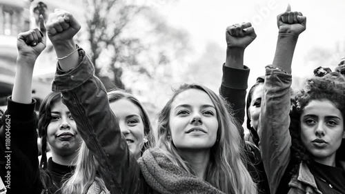 Young women raising fists in protest, black and white