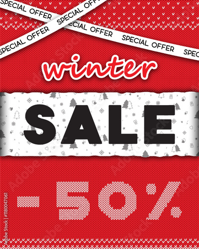Red and white winter sale banner. Background in the form of a knitted sweater with an ornament. Forms. Modern background. Winter pattern. Figure background