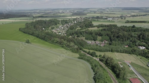 Raw file of Aerial view of ex Sudeten village Vendoli on historical border Moravia and Czechia in June 2022