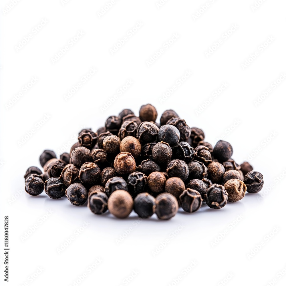 Small heap of whole black peppercorns with rough, textured surface, isolated on a white background Small heap of whole black peppercorns with rough, textured surface, isolated on a white background