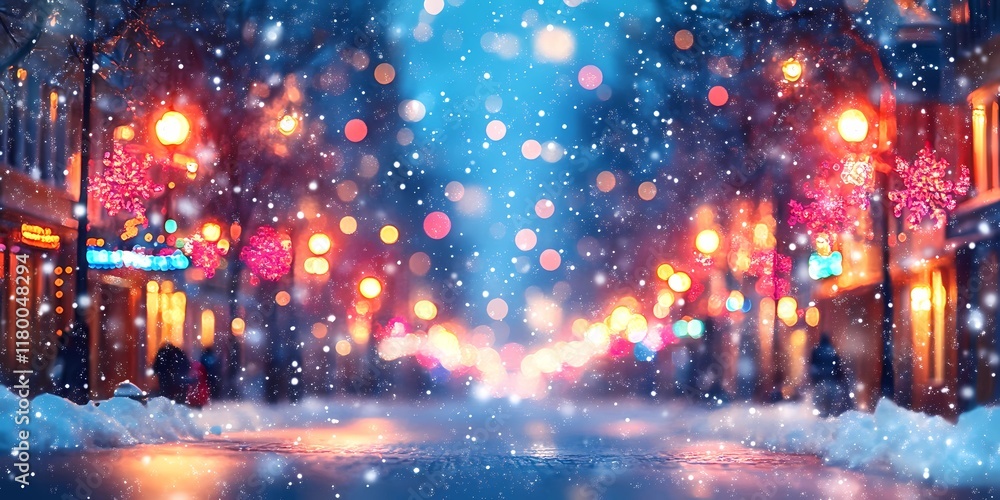 Winter cityscape with blurred festive lights, snowy atmosphere, urban charm Winter cityscape with blurred festive lights, snowy atmosphere, urban charm