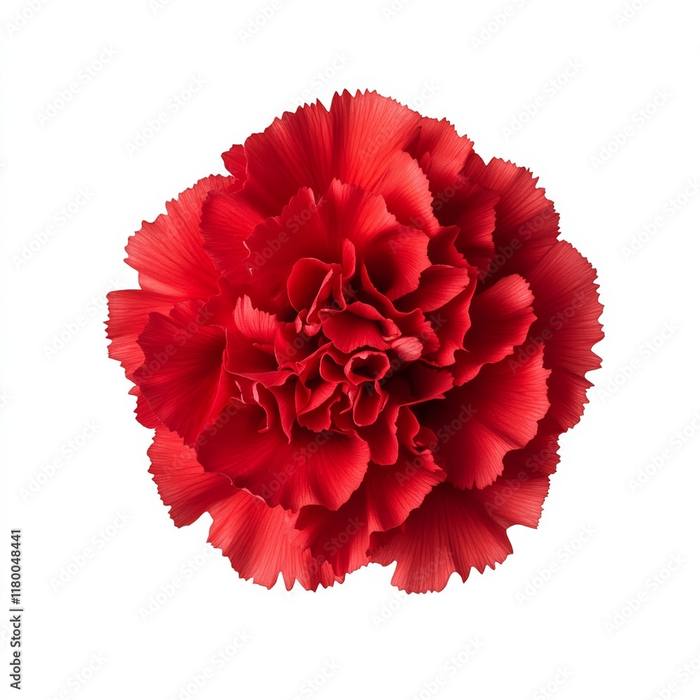 Red carnation with vibrant, layered petals in full bloom, isolated on a white background Red carnation with vibrant, layered petals in full bloom, isolated on a white background
