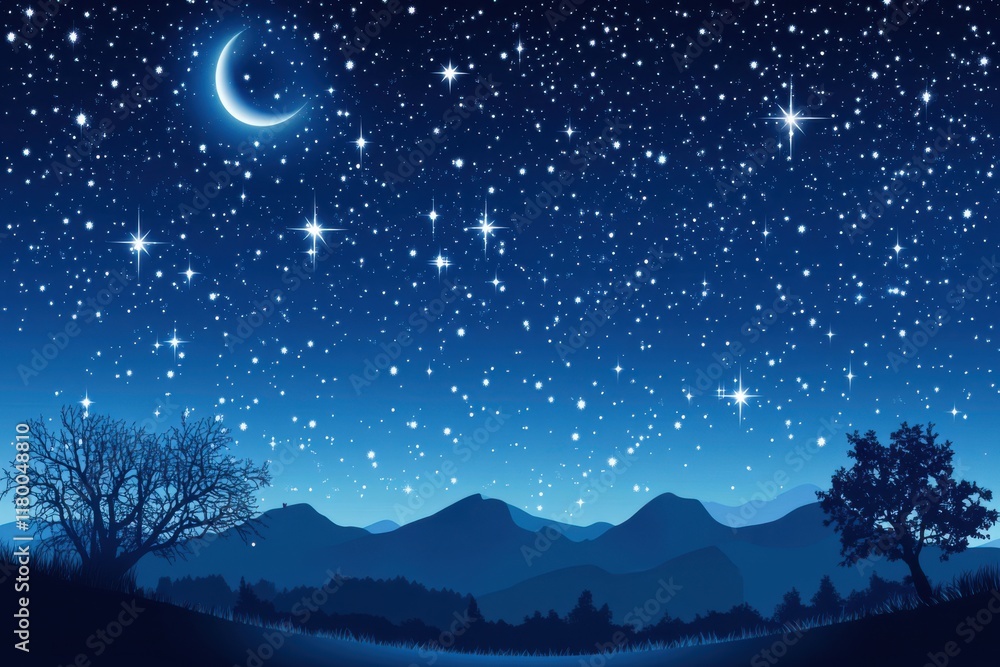 Fototapeta premium Serene night sky over a silhouette of mountains.