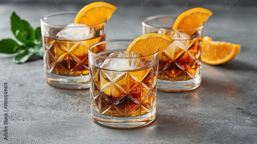 Three crystal glasses filled with amber liquid and ice, garnished with orange slices, set against a textured gray background. Three crystal glasses filled with amber liquid and ice, garnished with orange slices, set against a textured gray background.