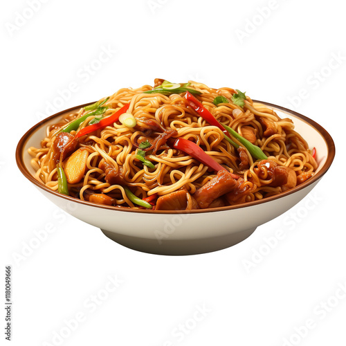 Chow Mein - Chinese Stir-Fry Noodles with Chicken and Vegetables on transparent background