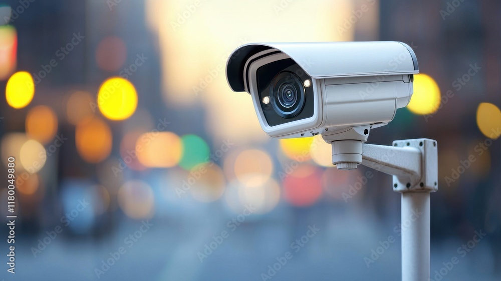A security camera monitors a bustling urban street, capturing the essence of city life with blurred lights in the background. A security camera monitors a bustling urban street, capturing the essence of city life with blurred lights in the background.