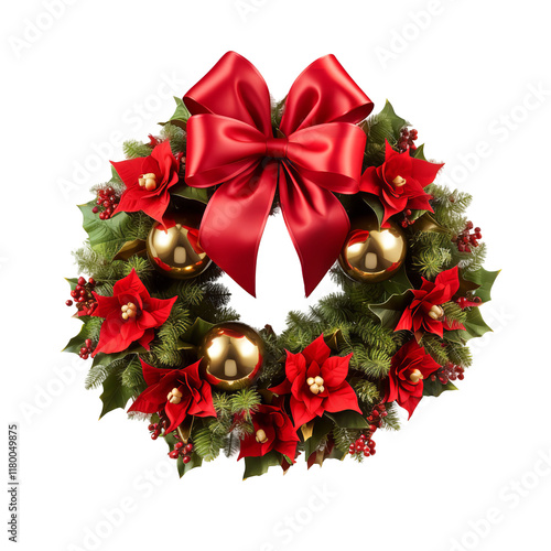 Christmas Wreath with Red and Gold Decorations on transparent background