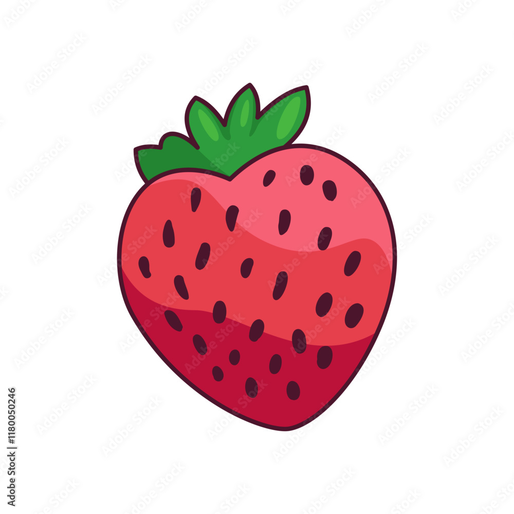 Hand-drawn cartoon tasty and juicy strawberry with green leaf isolated on white background. Vector illustration. Hand-drawn cartoon tasty and juicy strawberry with green leaf isolated on white background. Vector illustration.