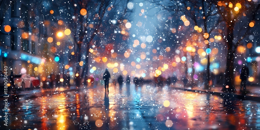 Winter cityscape with blurred festive lights, snowy atmosphere, urban charm Winter cityscape with blurred festive lights, snowy atmosphere, urban charm