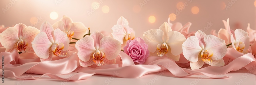Flower arrangement with pink orchids and a rose on soft background Flower arrangement with pink orchids and a rose on soft background