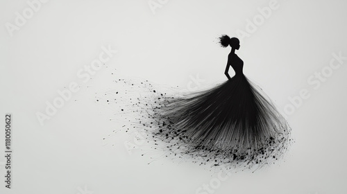 A model gracefully poses in a flowing gown, captured in a striking black and white ink sketch